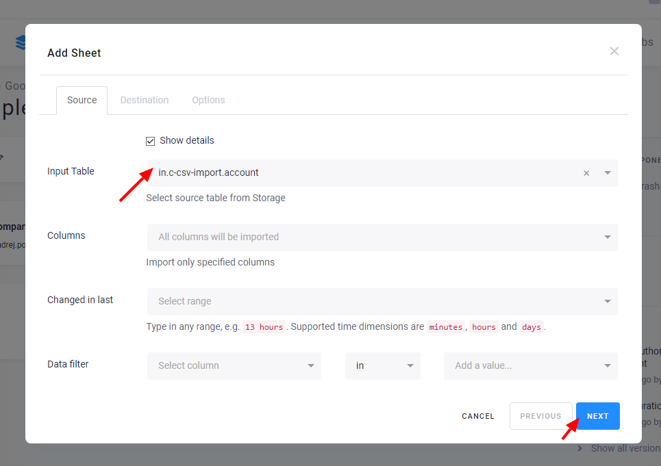 Screenshot - Add Table Step 1